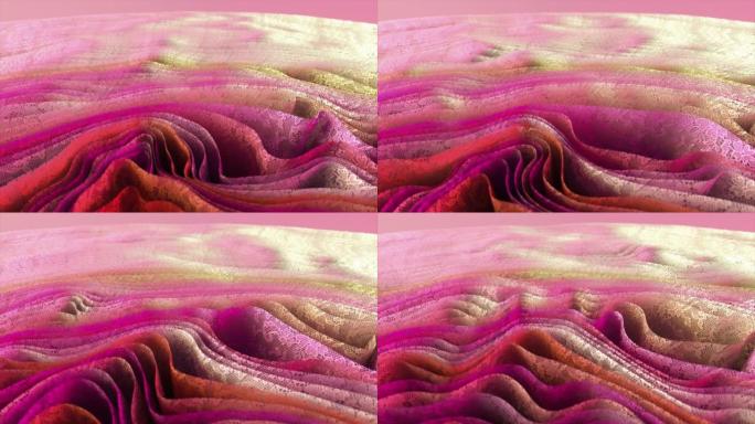 抽象概念。蕾丝粉色紫色面料的纹理为背景。织物上的波浪。窗帘。3d动画