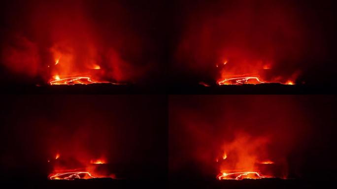 延时-夏威夷活火山火山口熔岩湖的炽热光芒
