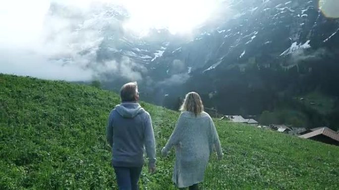 徒步旅行夫妇走过草地阿尔卑斯山