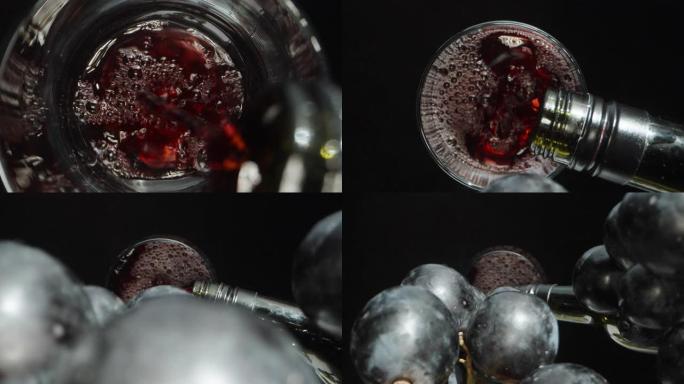 当我通过葡萄将葡萄酒倒入玻璃杯时，相机会滑动。多莉滑块极限特写。