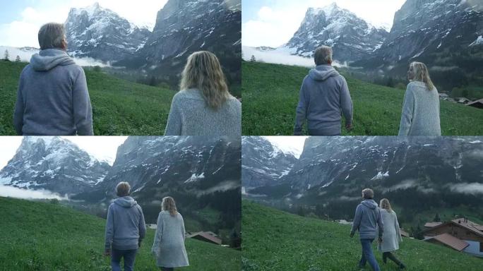 徒步旅行夫妇走过草地阿尔卑斯山