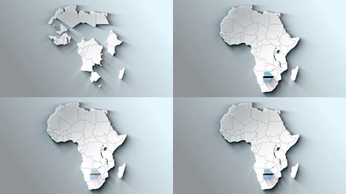 非洲大陆地图显示博茨瓦纳国家突出显示