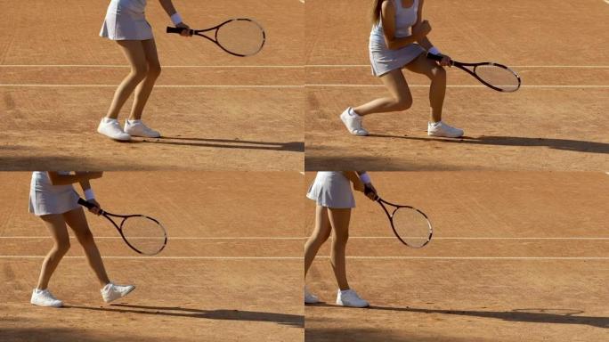 网球比赛获胜者女士表现出满意，专业运动，慢动作