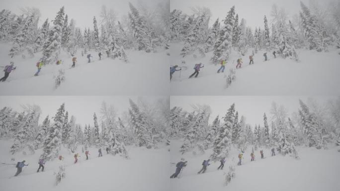 一群滑雪者在偏远地区的山上巡回演出