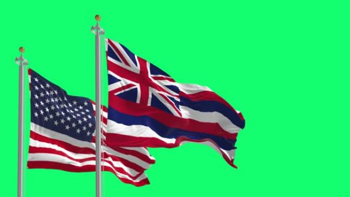 夏威夷国旗在绿色背景上飘扬，美国国旗被孤立