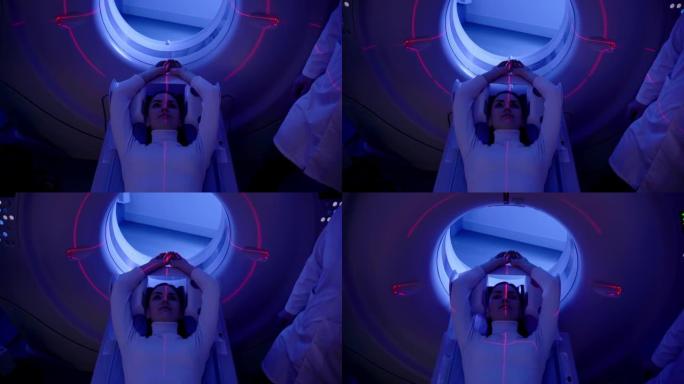 医学门诊女性腹部4k视频ct扫描。女孩患者正在ct扫描室进行腹部计算机断层扫描x射线检查。