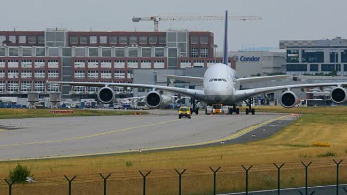 德国法兰克福机场: 2017年6月23日: 空中客车A380汉莎航空。汉莎航空是德国最大的航空公司，