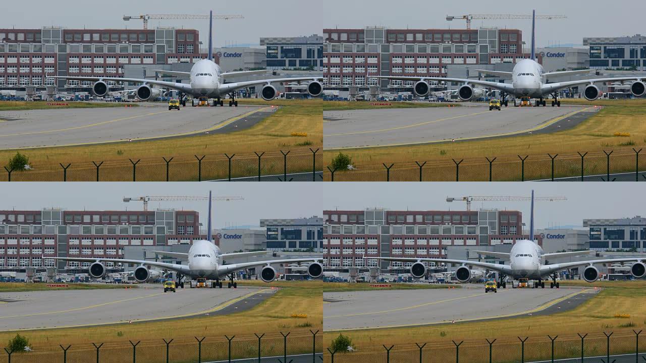 德国法兰克福机场: 2017年6月23日: 空中客车A380汉莎航空。汉莎航空是德国最大的航空公司，