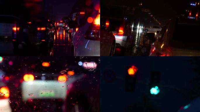 原创城市雨夜交通堵塞堵车4k车内视角光斑