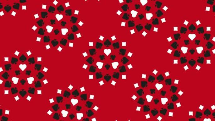 在红色背景上，扑克牌符号 (钻石，球杆，红心和黑桃)。带有简单运动图形赌博概念的动画图案