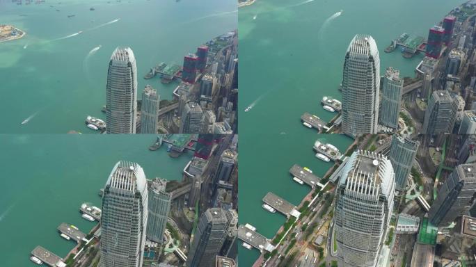 晴天香港城市景观维多利亚港市中心交通空中全景4k