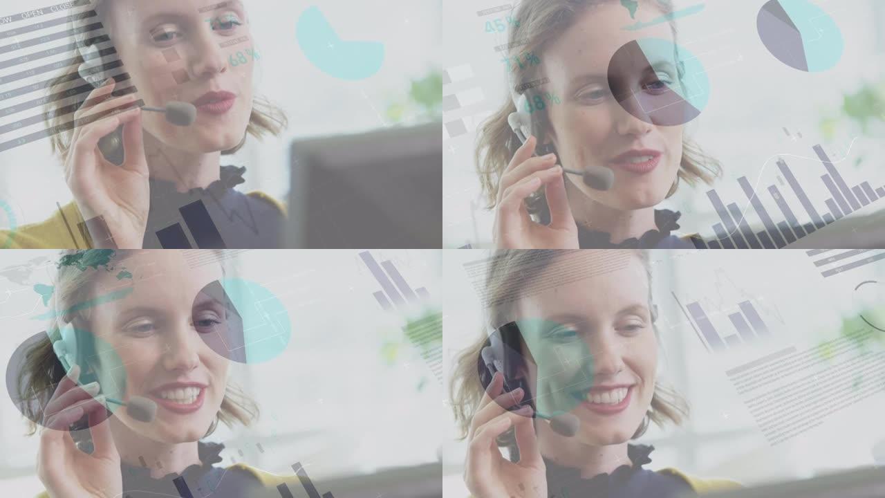使用电话耳机在女商人上记录统计信息的动画