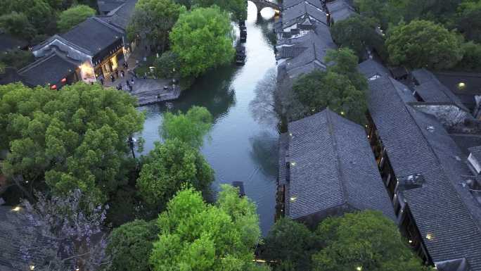 航拍江南水乡乌镇古镇夜景