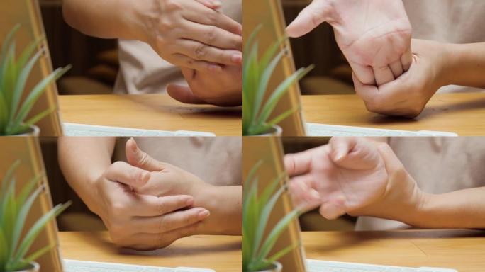 手按摩与医生的建议在家庭检疫，健康的生活方式概念。
