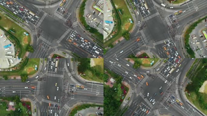 日落三亚城市景观河畔交通十字路口空中俯视图4k海南中国