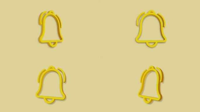 line bell 3d图标的动画。孤立在黄色背景上。