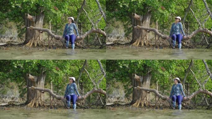 穿着泳衣的亚洲年轻女子，白帽子坐在红树林的原木树上，感到放松，放纵，冒险旅行