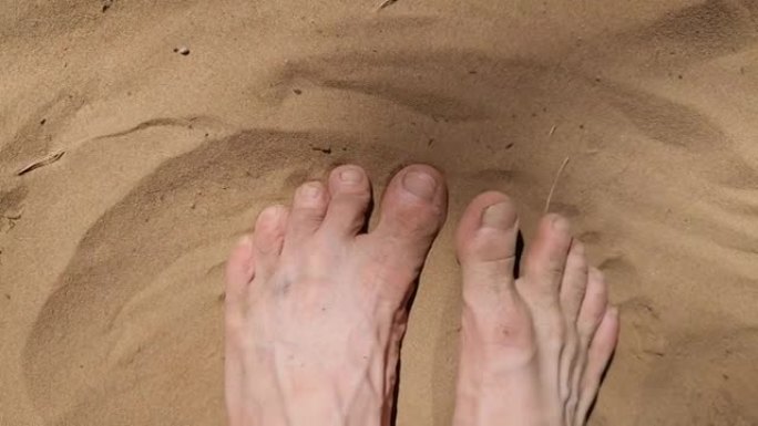 沙子和脚。在阳光下的沙子里。