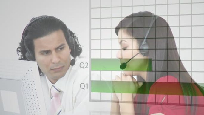 佩戴电话耳机的商务人士的统计和数据处理动画
