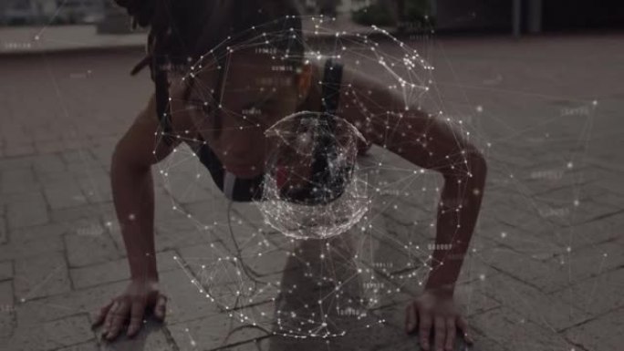 在城市街道上进行俯卧撑的女人的连接网络的地球仪动画