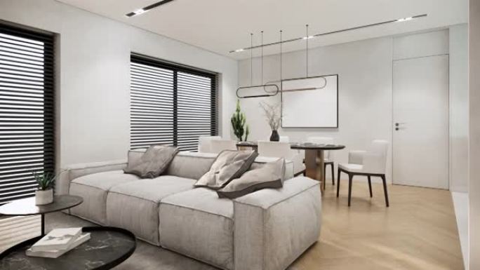 带家具的现代斯堪的纳维亚房间的内部。当代白色公寓风格。视频4k 3d动画