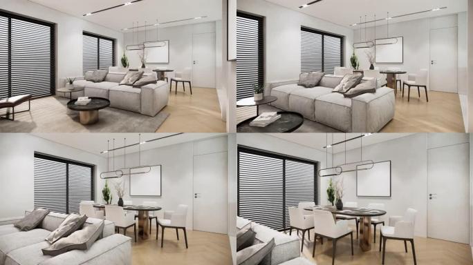 带家具的现代斯堪的纳维亚房间的内部。当代白色公寓风格。视频4k 3d动画
