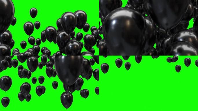 黑色氦气球从下到上飞行，消失在绿屏背景4K
