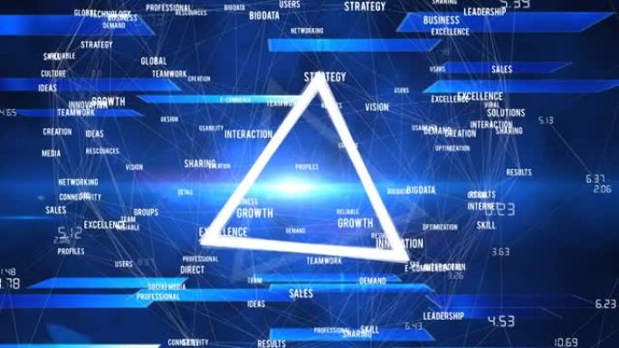 蓝色背景上旋转三角形的连接网络动画
