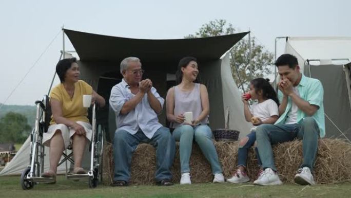 一群亚洲家庭喜欢在公园露营。