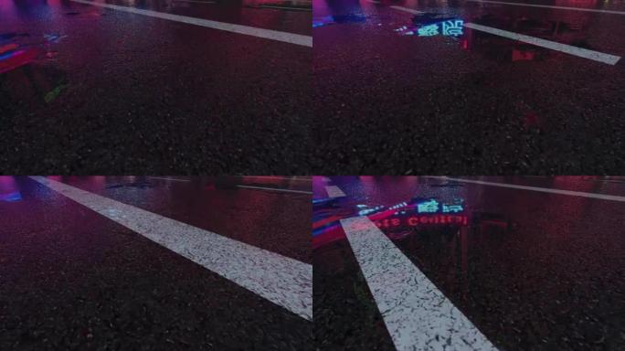 3D夜间大雨撞到道路-4k逼真的雨粒子 (可循环)-在交通丰富的街道上的雨天-夜间潮湿的道路-雨中的