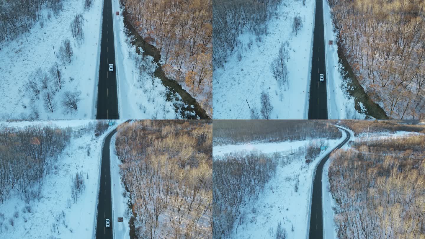 4K航拍下雪后的公路镜头缓升
