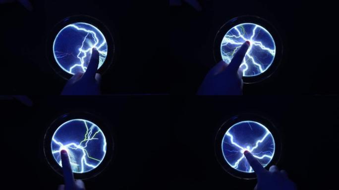 摘要科学背景和对象，电照明。手动触摸等离子面板显示器。闪电蓝