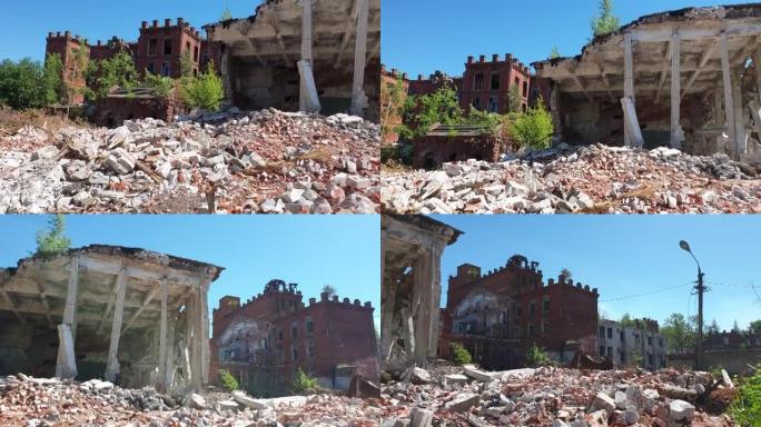 被毁的工厂。建筑物的废墟。