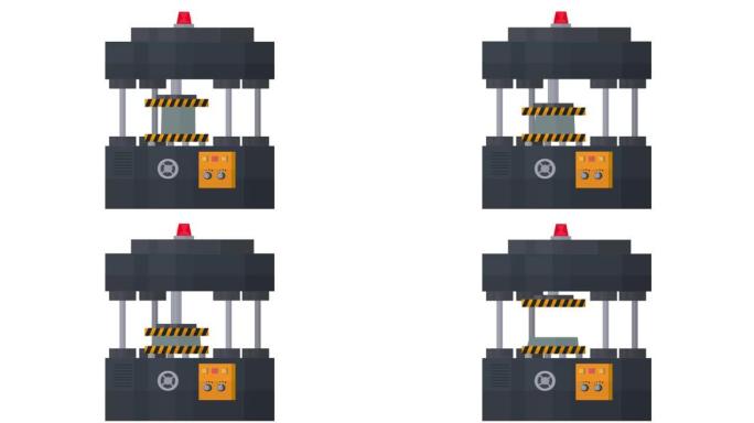 液压工厂压力机。工业印刷机的动画。卡通
