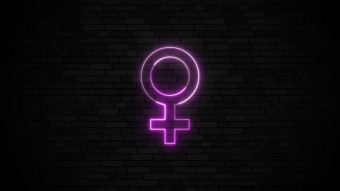 一种粉红色的女性符号，在深色砖墙背景上有一条细细的发光霓虹灯线。动画的简单运动图形元素。