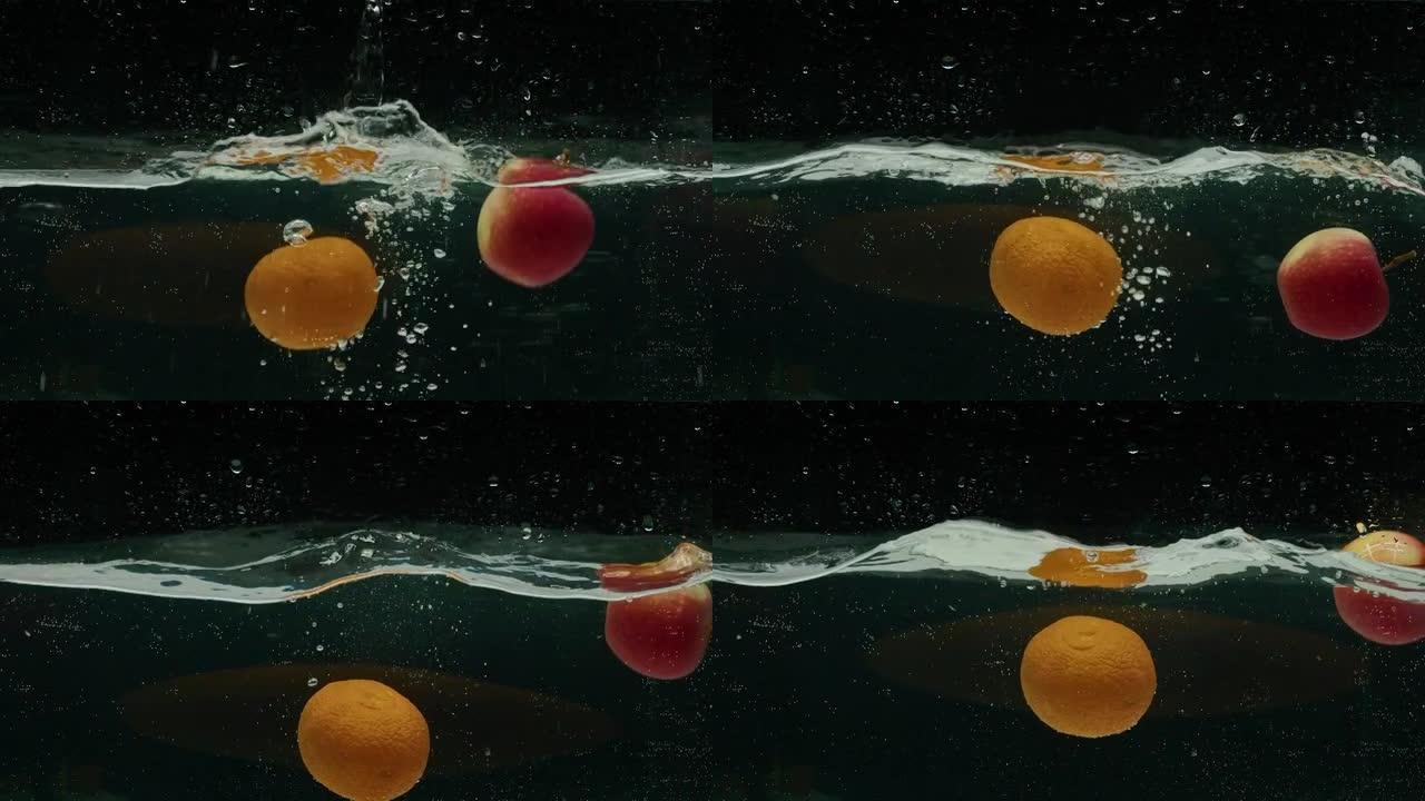 橙子和苹果掉入水中，慢动作，prores 422，bmpcc4k