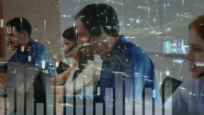 使用电话耳机对商务人士进行统计记录的动画