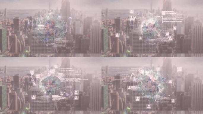 城市背景上带有图标网络的旋转地球仪动画