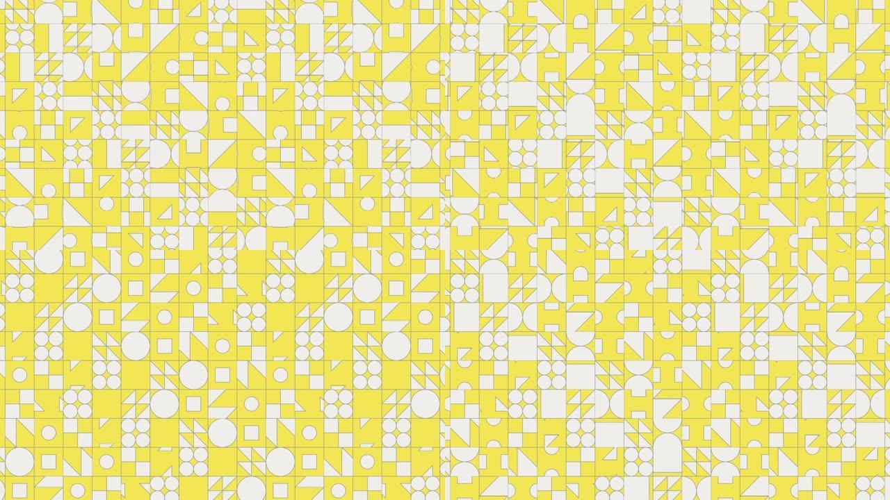 黄色背景上对称设计图案的带有细边框的白色几何形状。复古装饰的无缝循环运动图形马赛克