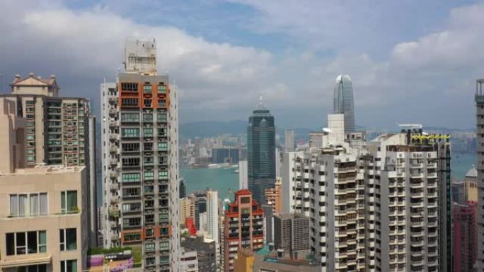 晴天香港城市景观市中心公寓楼空中全景4k