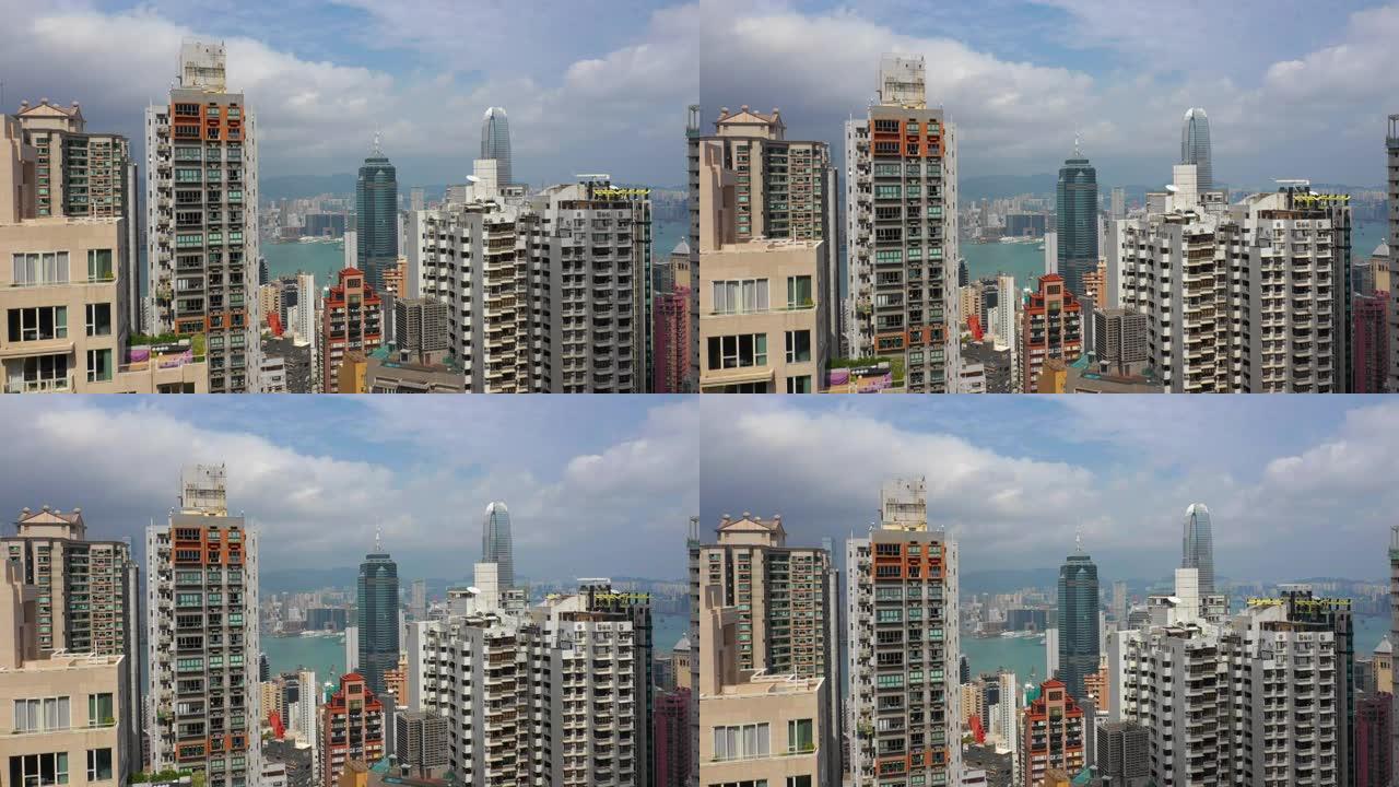 晴天香港城市景观市中心公寓楼空中全景4k