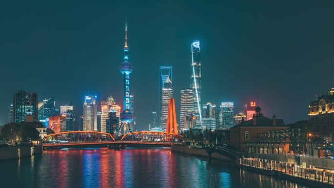 上海外白渡桥与陆家嘴高楼夜景延时摄影