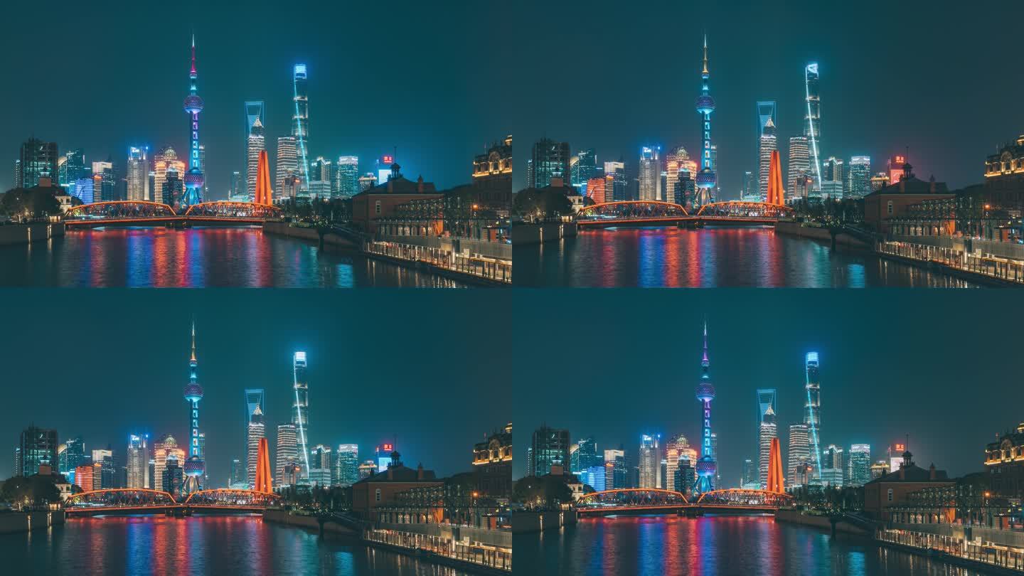 上海外白渡桥与陆家嘴高楼夜景延时摄影