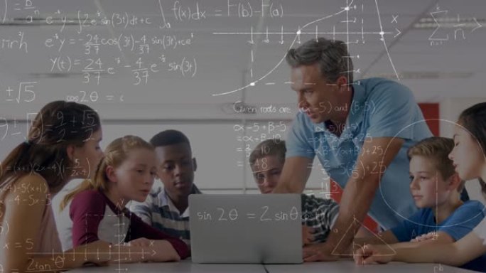 使用笔记本电脑对学童进行数学方程式的动画