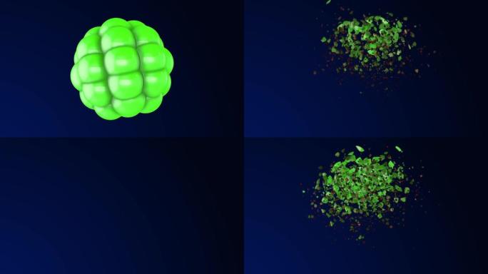 几个圆球的破裂和破裂-爆炸细菌-爆炸原子核-彩色爆炸动画，可循环-循环4k爆炸球-3D球臂-绿色球