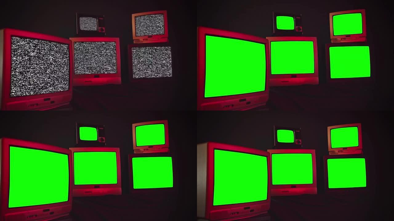 复古电视打开绿色屏幕。红色调。放大。