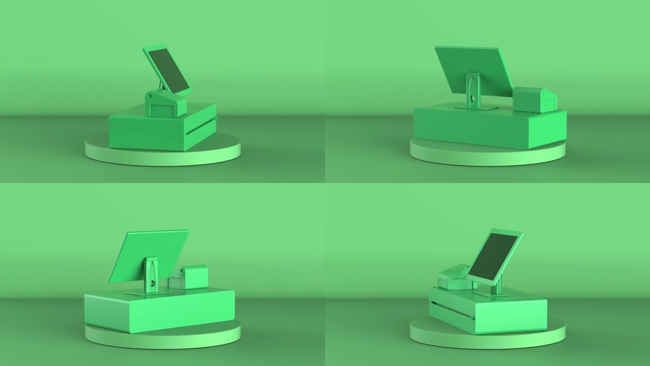 绿色收银机或绿色背景上的收银机