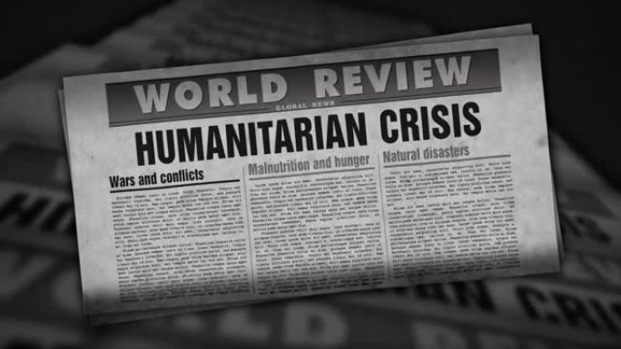 人道危机新闻、饥荒和饥饿灾难复古报纸印刷机