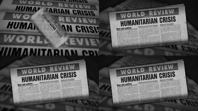 人道危机新闻、饥荒和饥饿灾难复古报纸印刷机