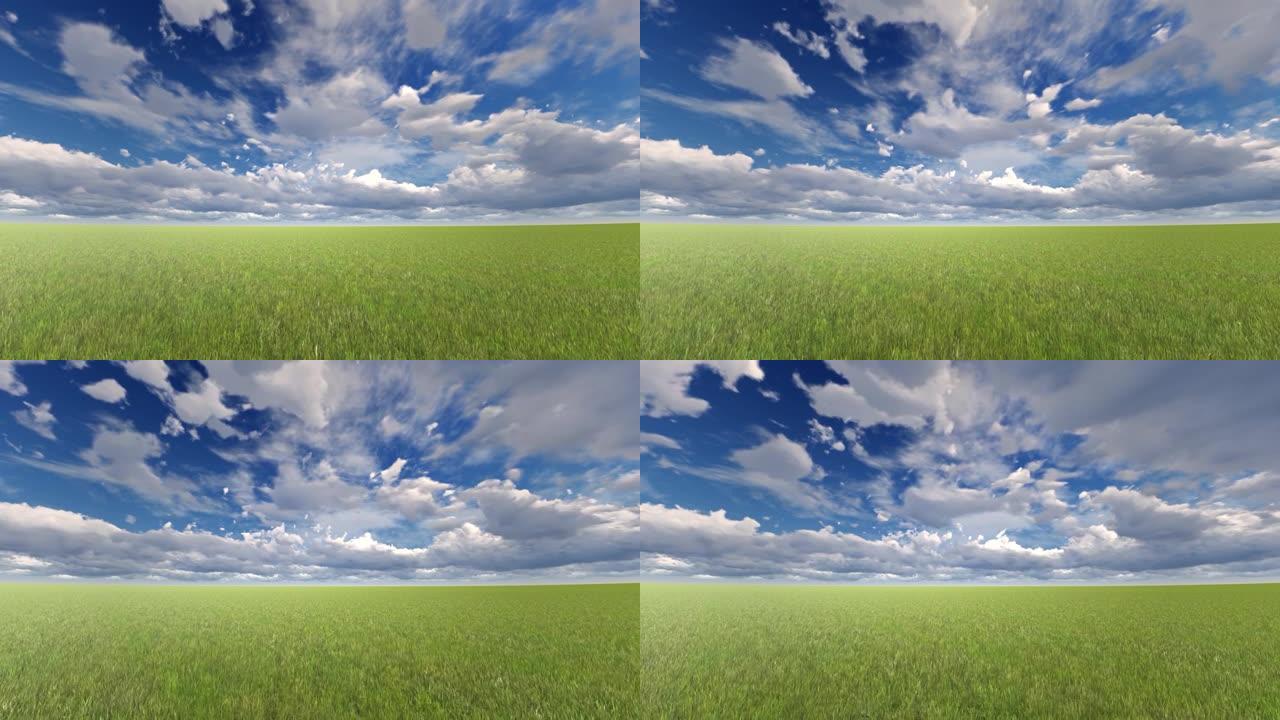 青草的绿地和云彩的蓝天